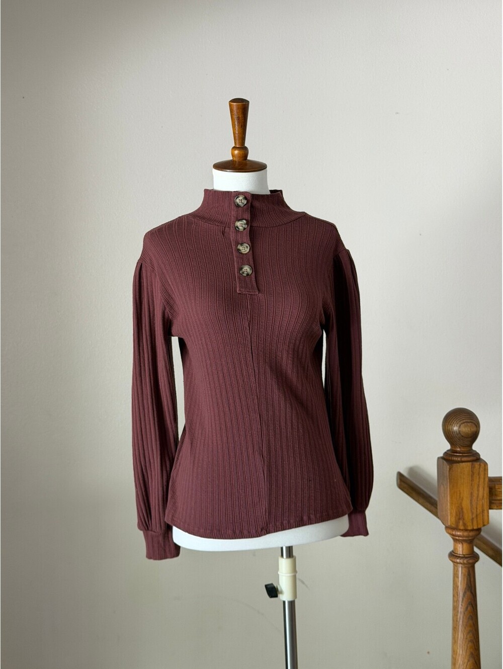 Brick Red Sweater with Button Collar Long Sleeve Bohme